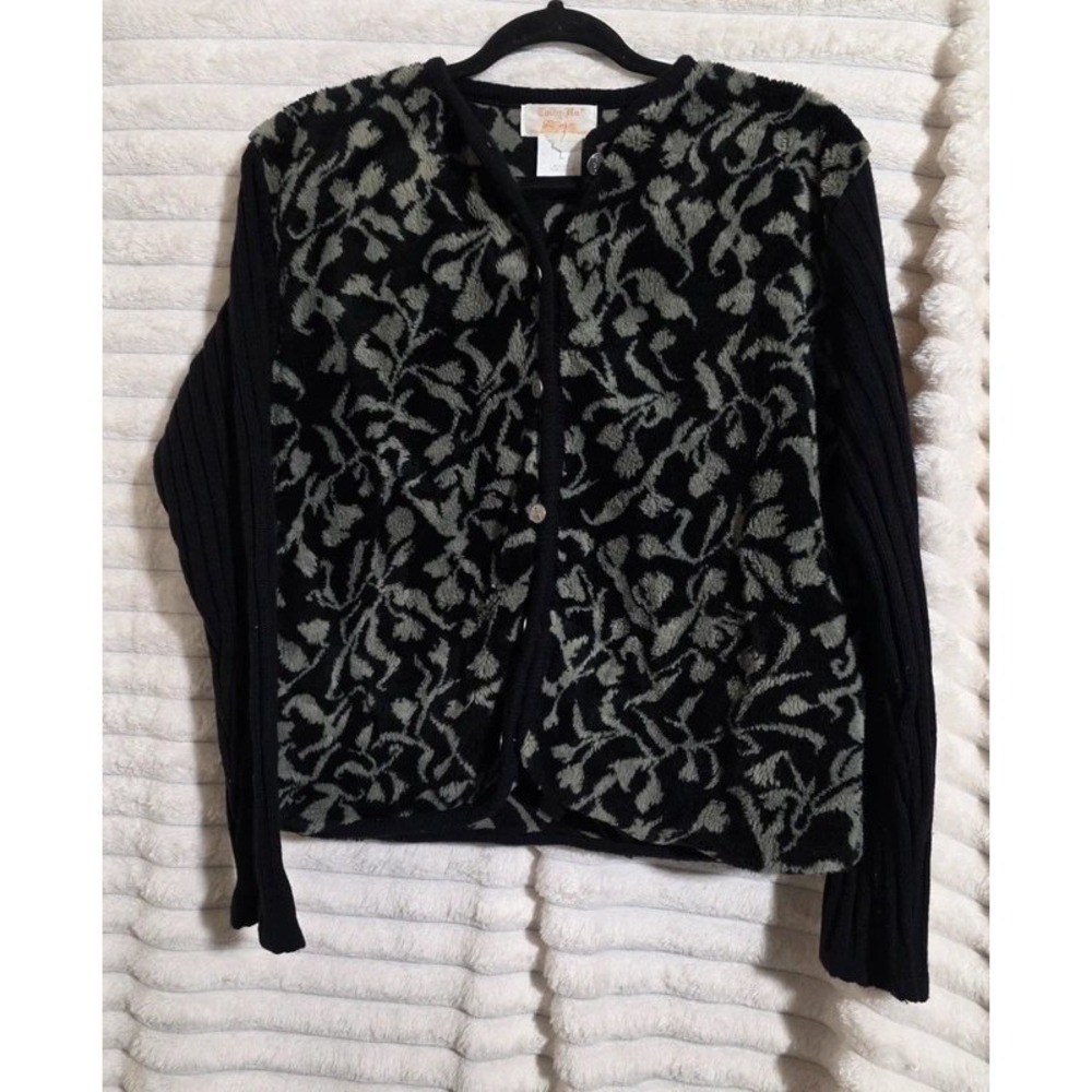 Tally-Ho Vintage Floral Faux Fur Ribbed Knit Cardigan Sweater Black Grey Large